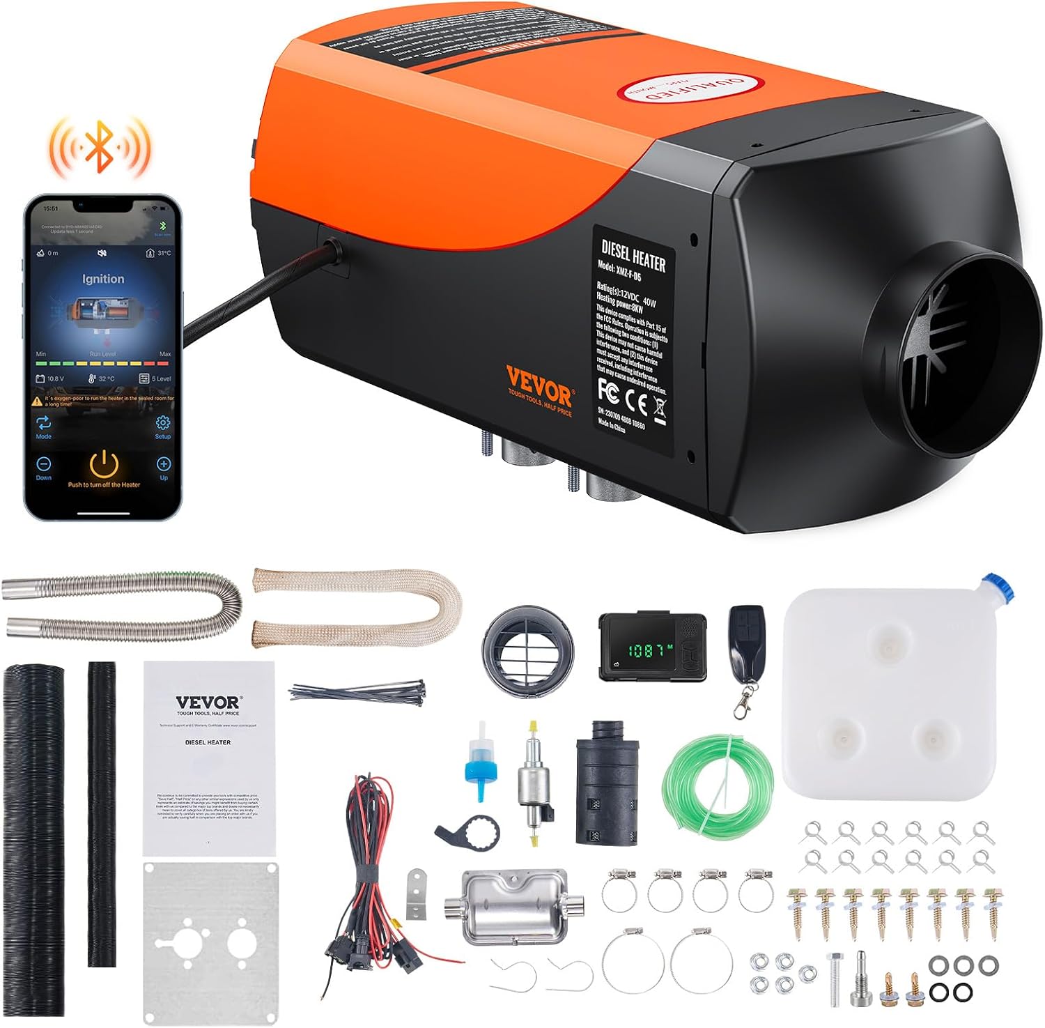 VEVOR 8KW Diesel Heater, Parking Heater with Automatic Altitude Adjustment, Max 18045 ft, Bluetooth App Control Diesel Air Heater, Remote Control and LCD, for Car SUV Trailer Camper Van Boat Garage