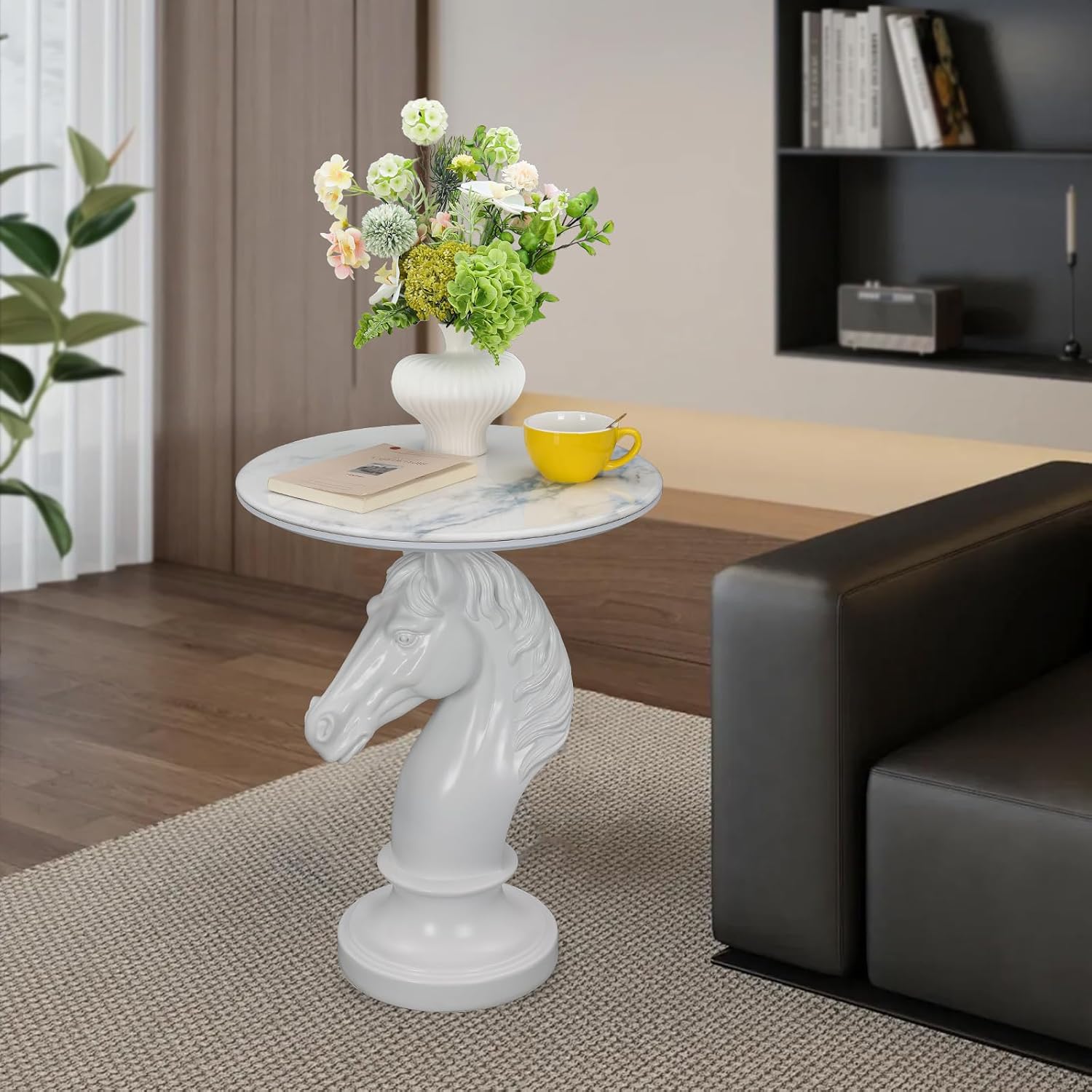 Sculptural Horse Head Side Table, Artistic Stallion End Table with Faux Marble Top, Modern Accent Table for Living Room, Unique Home Decor Gift for Housewarming, 19.69' W x 24.8' H