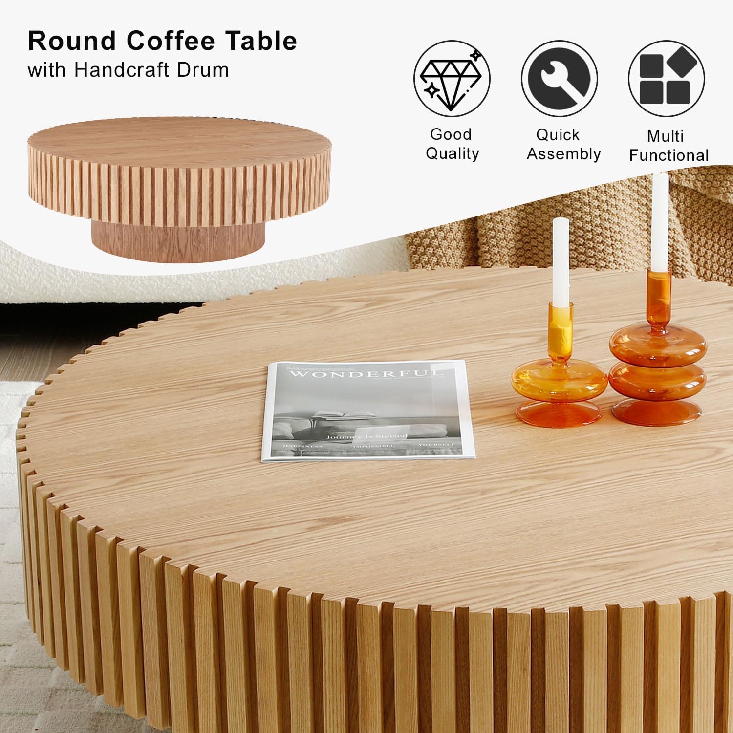 31.49' Round Fluted Coffee Table for Living Room, Mid Century Modern Drum Coffee Table with Sturdy Pedestal, Circle Center Table Accent Tea Table for Apartment ASH