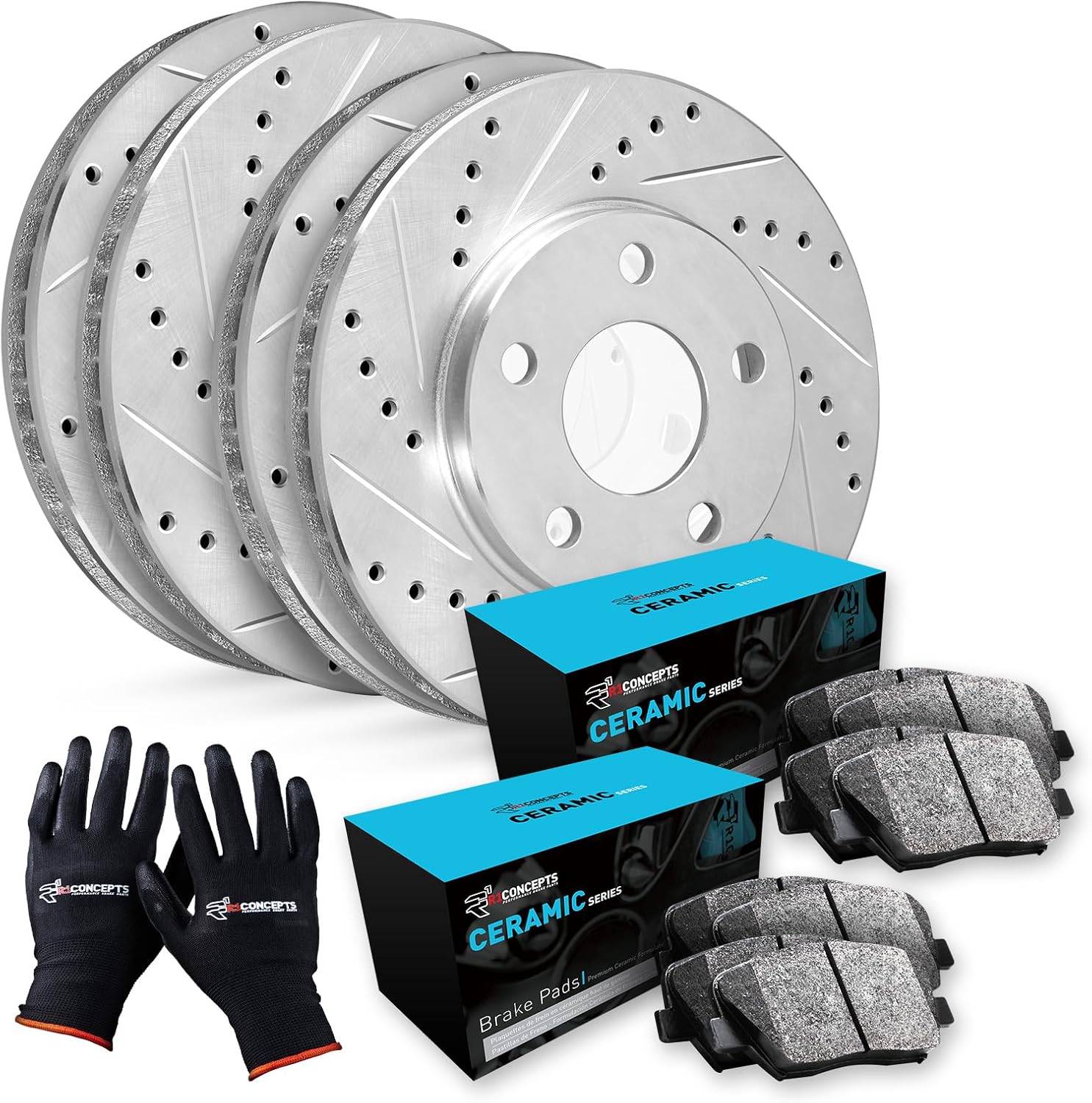 R1 Concepts Front and Rear Brake Kit Fits 2005-2021 Chrysler 300; 2009-2021 Dodge Challenger; 2006-2021 Dodge Charger| Drilled Slotted Brake Rotors| Ceramic Brake Pads and Rotors Kit