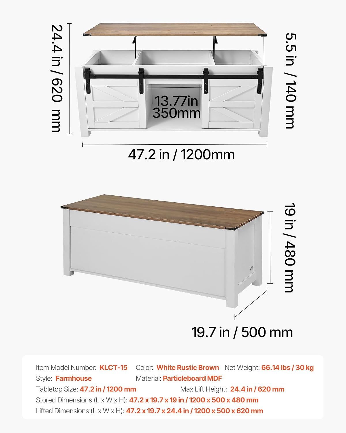 VEVOR 47.2'' Farmhouse Lift Top Coffee Table with Sliding Barn Door, Rustic Center Table with Hidden Storage Compartment, Rectangle Lifting Large Tabletop for Living Room, Office, Easy Assembly, White