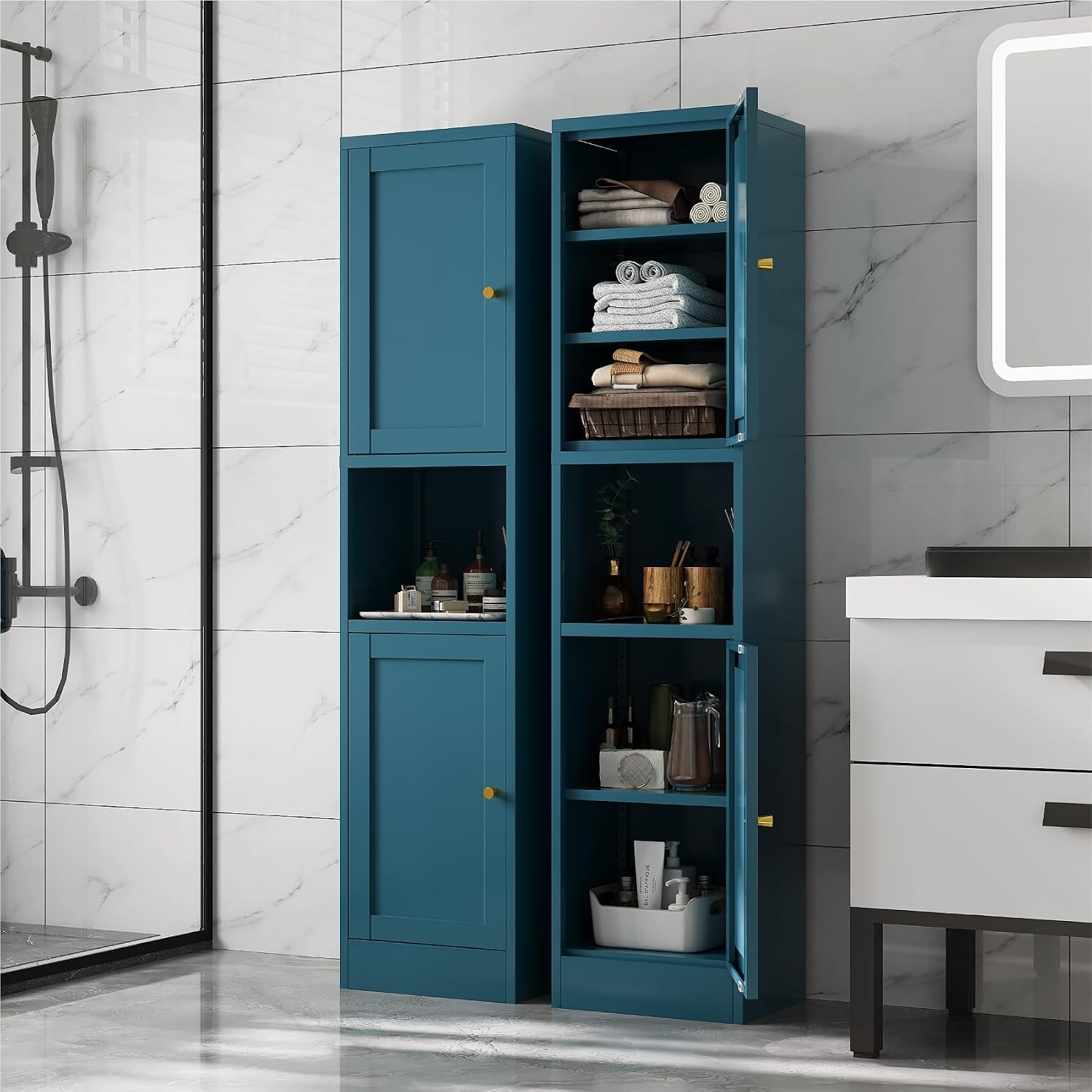 67' Tall Narrow Storage Cabinet with Doors and Open Shelf,Metal Pantry Cabinet,Shaker Style Slim Cabinet with Adjustable Shelves,for Bathroom Kitchen Laundry Small Spaces,Blue, 1Pc