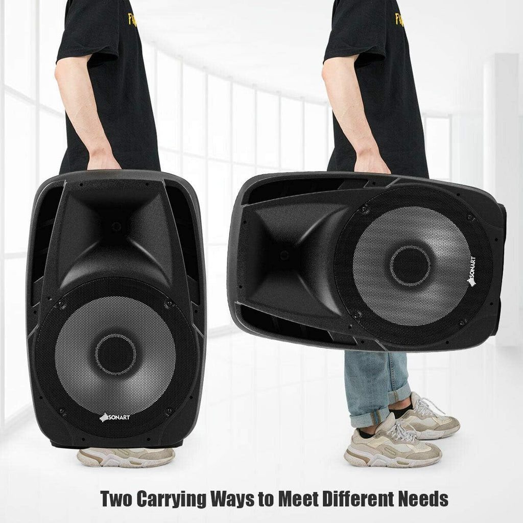 Sonart 15' 1500W Powered Speakers, 2-Way Full Range Portable PA Speaker System Combo Set With Stands/Illuminating Light/Microphone/EQ/USB/Bluetooth