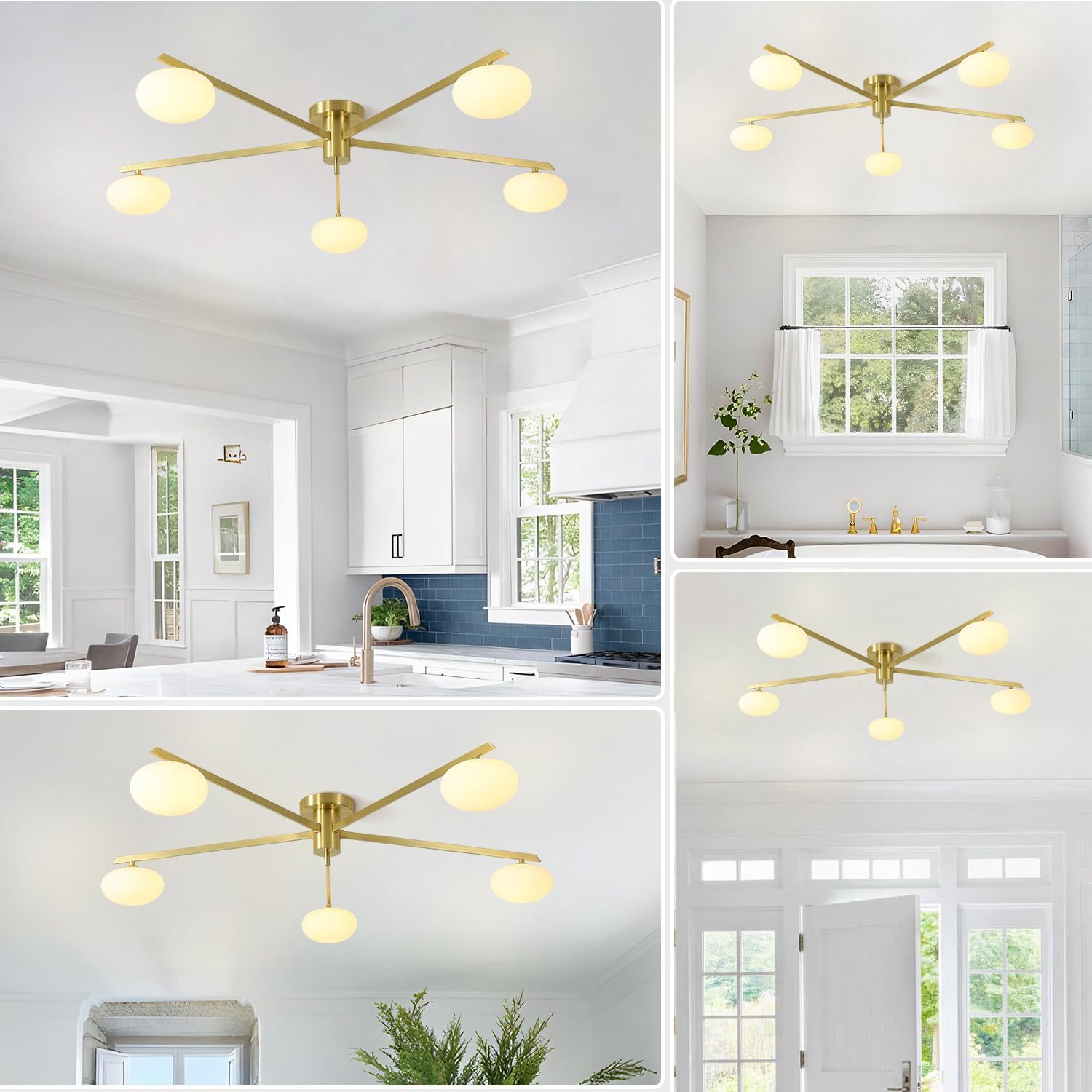 5 Lights Industrial Semi Flush Mount Ceiling Light Fixture Gold Modern Sputnik Chandelier Ceiling Light Fixtures Globe Sputnik Ceiling Lamp Glass Close to Ceiling Light Fixtures MCL05-GD