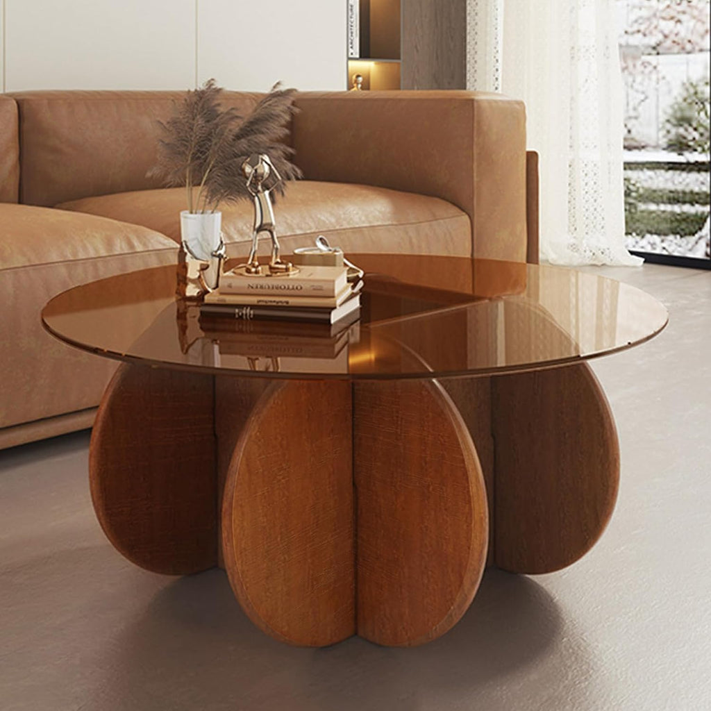 Modern Round Coffee Table with Solid Wood Legs,31.5'' Glass Coffee Tables for Living Room Rustic Circle Center Cocktail Table with Tempered Glass-Top,for Small Spaces, Unique | Modern