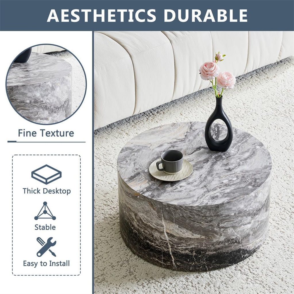Round Coffee Table Living Room Table - Modern Faux Marble Design with Wood Accents in Grey,No Assembly Required - Ready to Use,Space-Saving