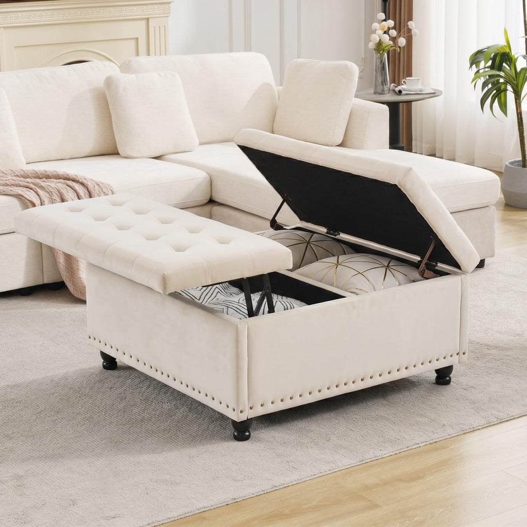 Tbfit Large Square Storage Ottoman Bench, Tufted Upholstered Coffee Table Ottoman with Lift Top & Wooden Legs, Oversized Storage Ottomans Toy Box for Living Room (Beige Velvet)