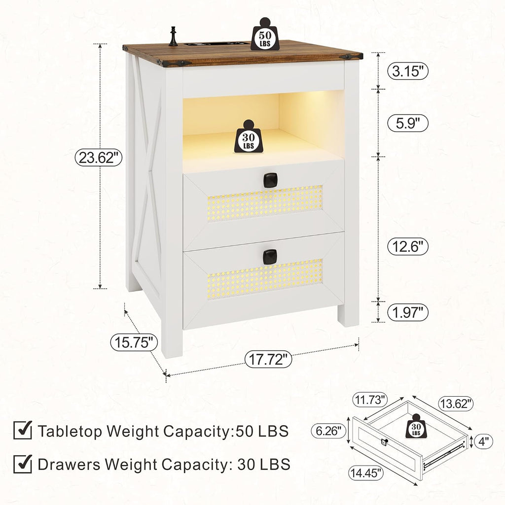 Bedside Table Set of 2 with Charging Station, Nightstand with Gun Drawer, LED Night Stand with Human Sensor Light, Farmhouse End Table for Bedroom Living Room, White
