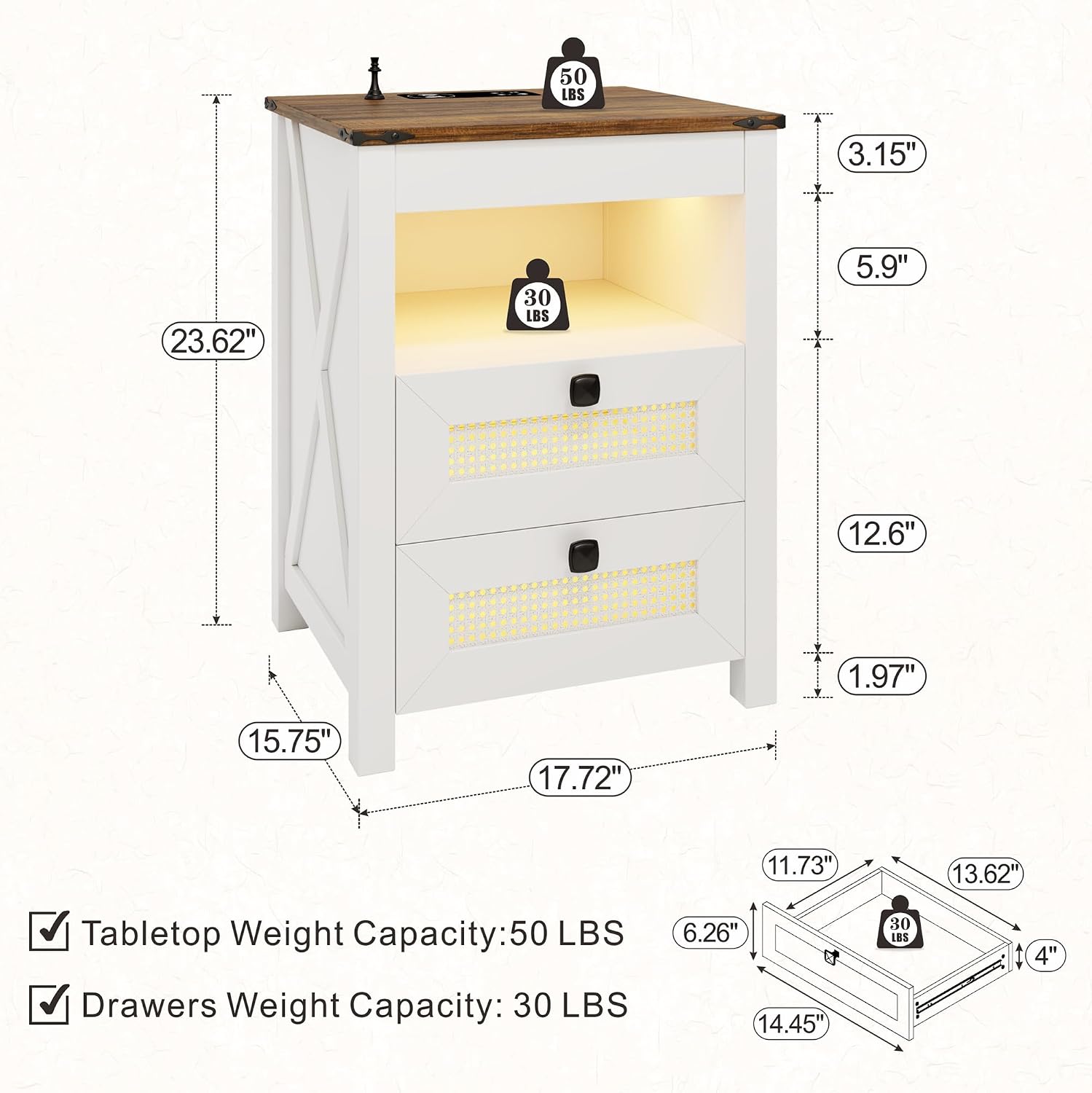 Bedside Table Set of 2 with Charging Station, Nightstand with Gun Drawer, LED Night Stand with Human Sensor Light, Farmhouse End Table for Bedroom Living Room, White