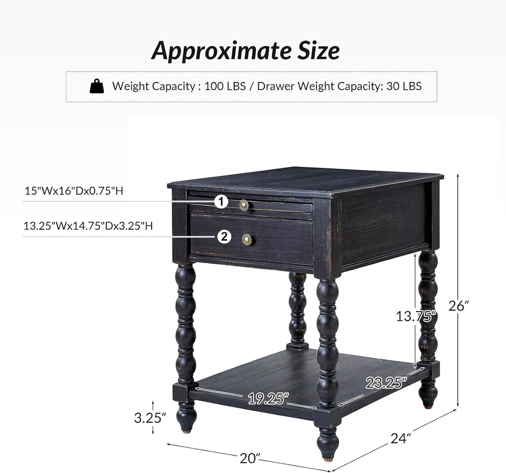 HULALA HOME Spindle Nightstands with Charging Station, Solid Wood Nightstand with Drawer Shelf, Side Table with Pull-Out Shelf (1, Charcoal)