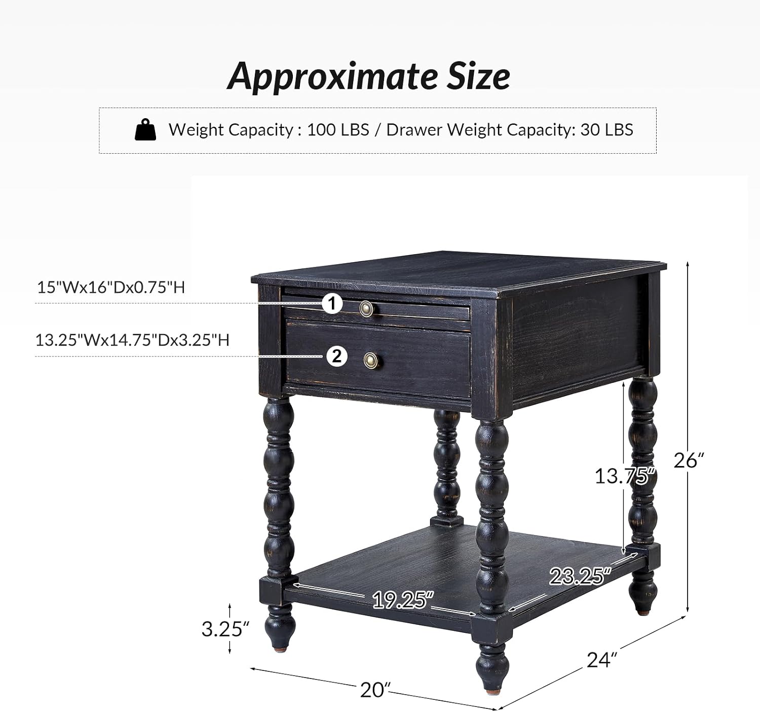 HULALA HOME Spindle Nightstands with Charging Station, Solid Wood Nightstand with Drawer Shelf, Side Table with Pull-Out Shelf (1, Charcoal)