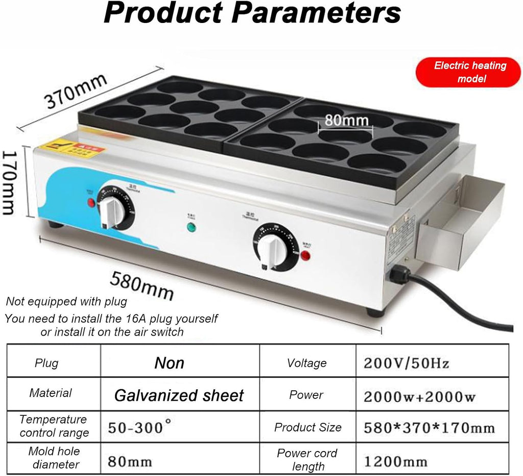 18-Hole Egg Mini Pancake Frying Pan, Egg Burger Machine, Commercial Electric Heating Red Bean Pancake Machine