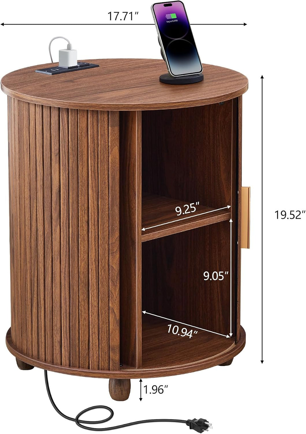 Set of 2 Fluted Round End Table with Charging Station, Small Farmhouse Sofa Side Table with Sliding Tambour Door & Storage, Mid-Century Wood Fulted Nightstands for Living Room, Bedroom (Walnut)