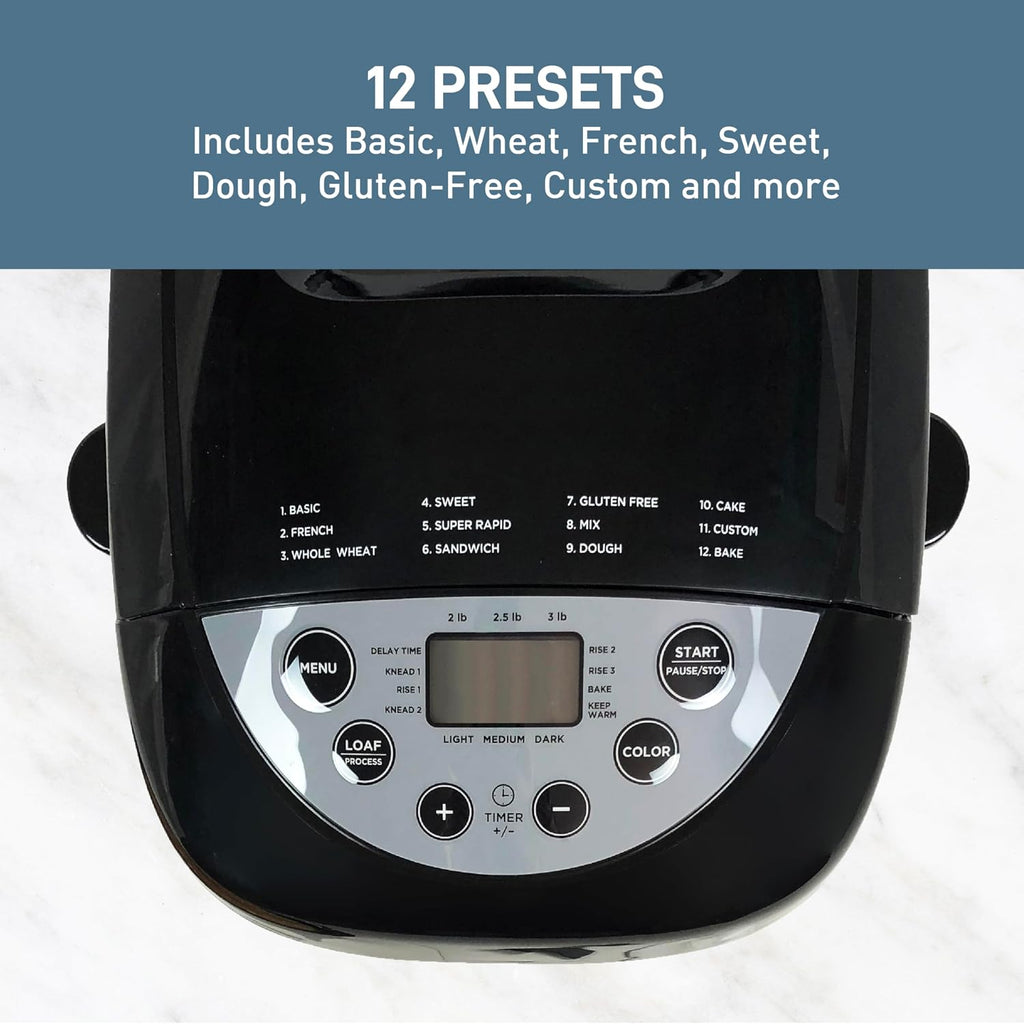 West Bend Hi-Rise Bread Maker Machine Programmable 12 Programs Including Gluten Free & 3 Loaf Sizes and Crust Colors with Traditionally-Shaped Horizontal Bread Pan with Dual Knead Blades, 3-Lb, Gray