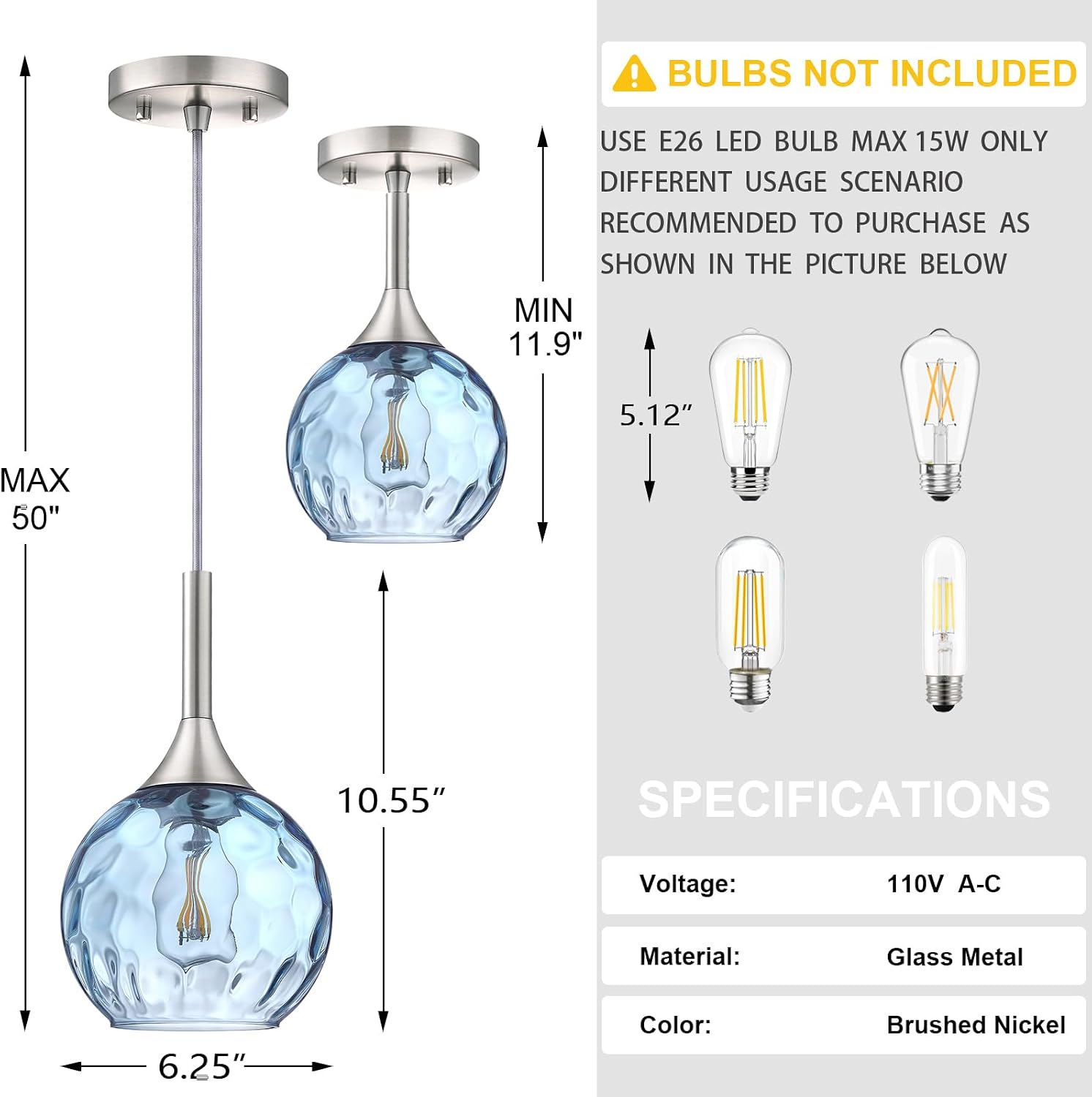 6.3' Texture Blue Glass Rod Pendant Light 3 Pack Pendant Ceiling Light Fixture Brushed Nickel Finish Modern Farmhouse Dinning Over Sink Adjustable Height Rod