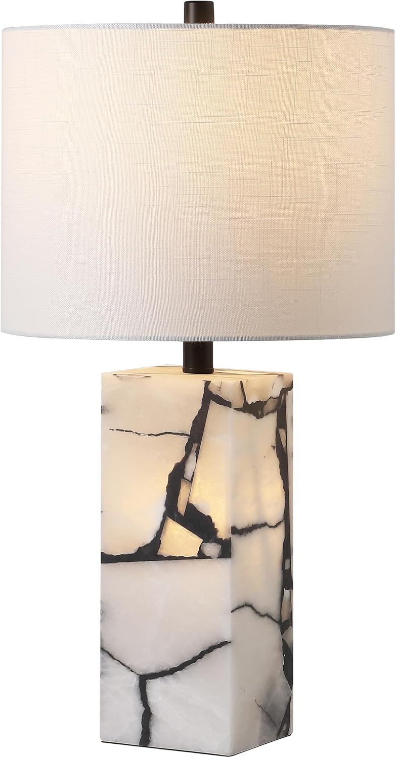 JONATHAN Y 24.25' Black/White Modern Alabaster LED Table Lamp for Home Decor, White Linen Shade, Coastal Nightstand Lamp with Built-in Base Accent Light (JYL8507A)