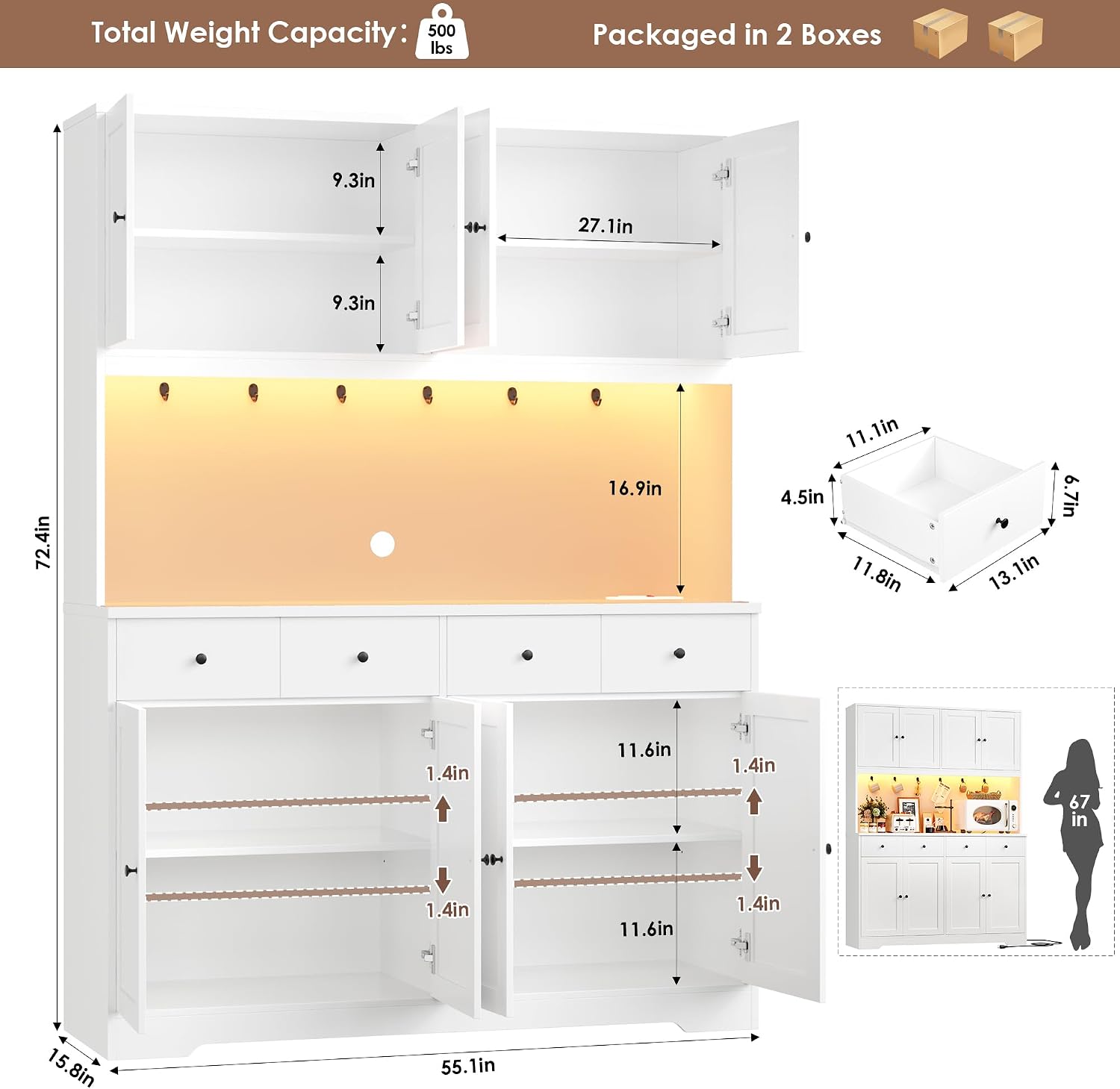 HIFIT 72' LED Kitchen Pantry Cabinet with Power Outlet & Cup Hooks, Tall Kitchen Hutch Storage Cabinets with Countertop Microwave Stand, Food Pantry Cabinet with Drawers for Dining Living Room, White