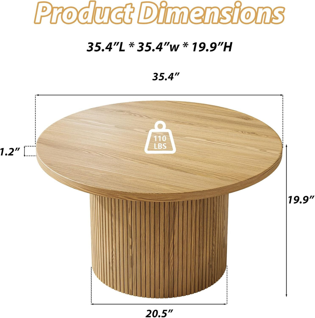 MAISONARIA Round Coffee Table with Metal Frame, 35.4' Coffee Tables for Living Room, Circle Wood Accent Center Table for Apartment, Oak