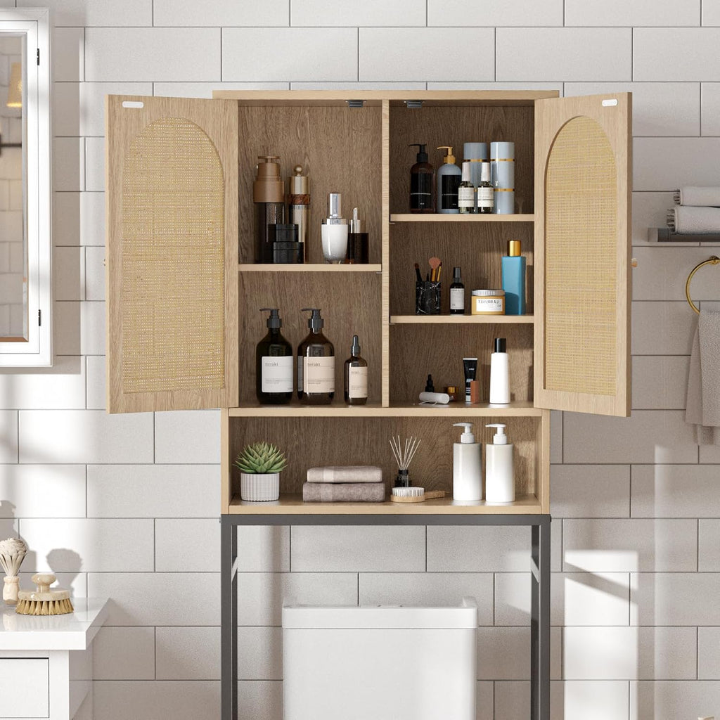 FiveWillowise Rattan Toilet Storage Cabinet, Over The Rack Wood Cabinet with Metal Stand, Bathroom Organizer with Adjustable Shelf, Tall Freestanding Washer Shelf, Small Cupboard, Natural