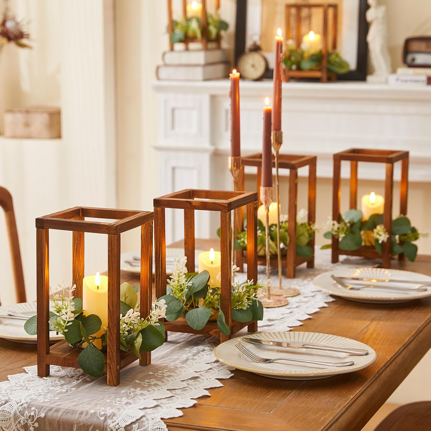 54 Pcs/18 Set Wooden Wedding Lantern Centerpiece, Wooden Centerpieces for Tables-with 18 Holders 18 Candles 18 Wreaths for Rustic Table Decoration Country Barn Wedding Party (Brown)