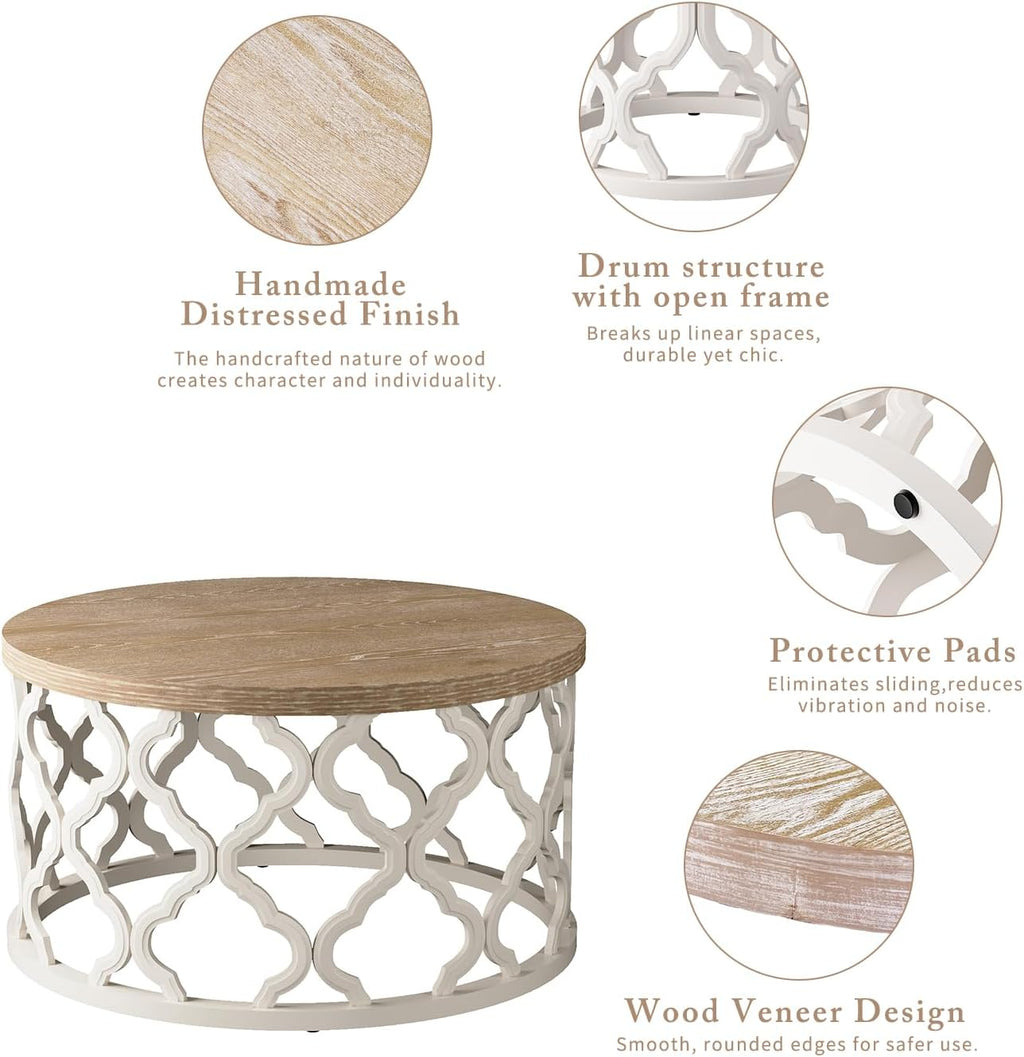 Farmhouse Coffee Table, French Country Round Coffee Table, Coastal Coffee Table with Distressed Top, Boho Center Table with Curved Motif Frame Base for Living Room, Dining Room, Bedroom, Cream Beige
