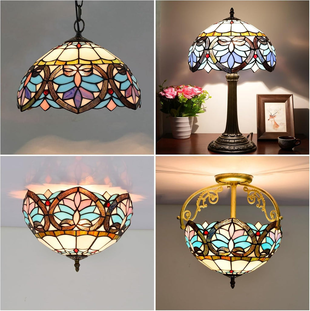 Tiffany Style Lamp Shade, 12 Inch Blue Love Heart Stained Glass Lamp Shade Replacement Pastoral Lamp Cover Accessories Fit for Table Lamp Pendant Light Ceiling Light