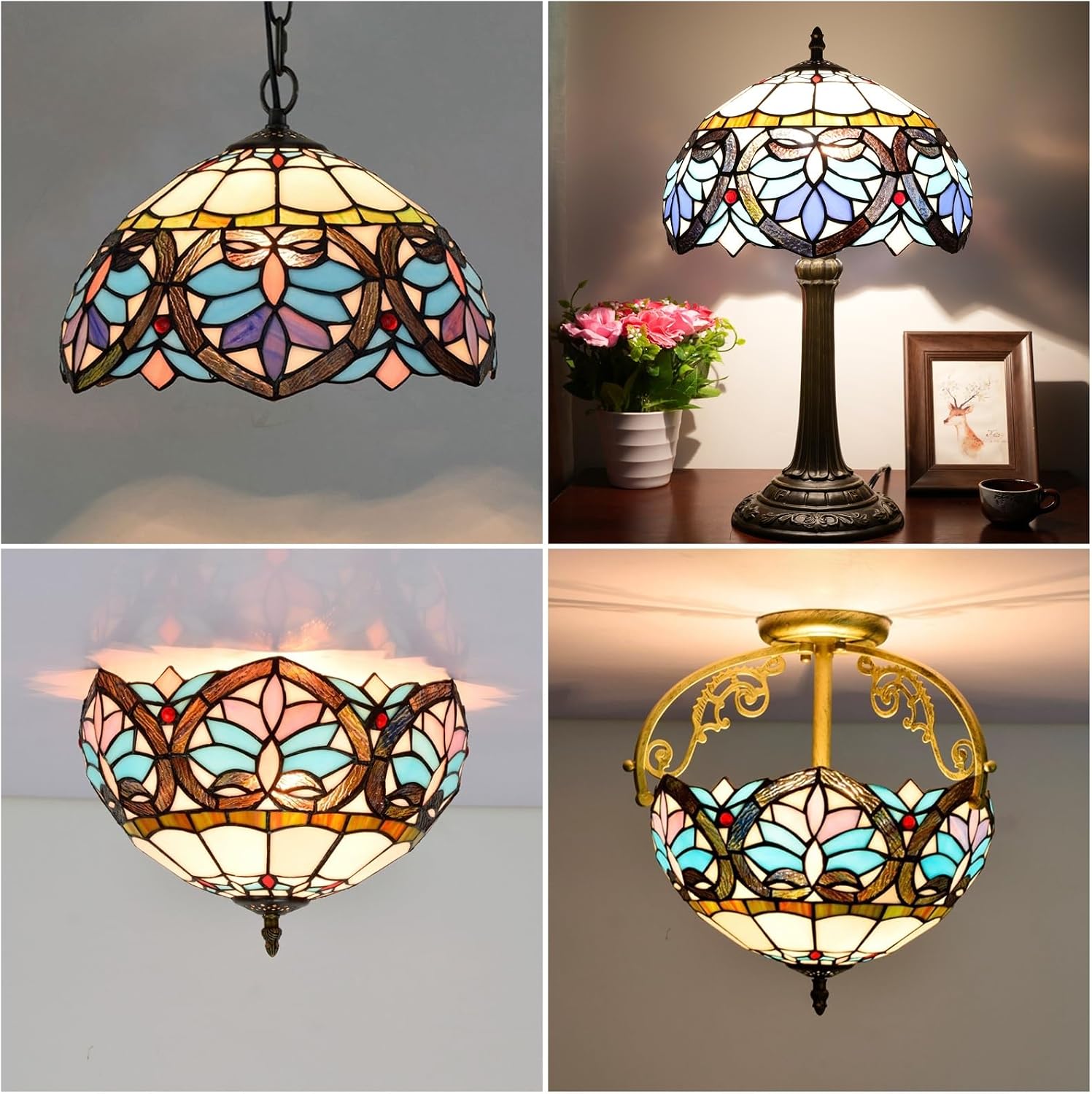 Tiffany Style Lamp Shade, 12 Inch Blue Love Heart Stained Glass Lamp Shade Replacement Pastoral Lamp Cover Accessories Fit for Table Lamp Pendant Light Ceiling Light