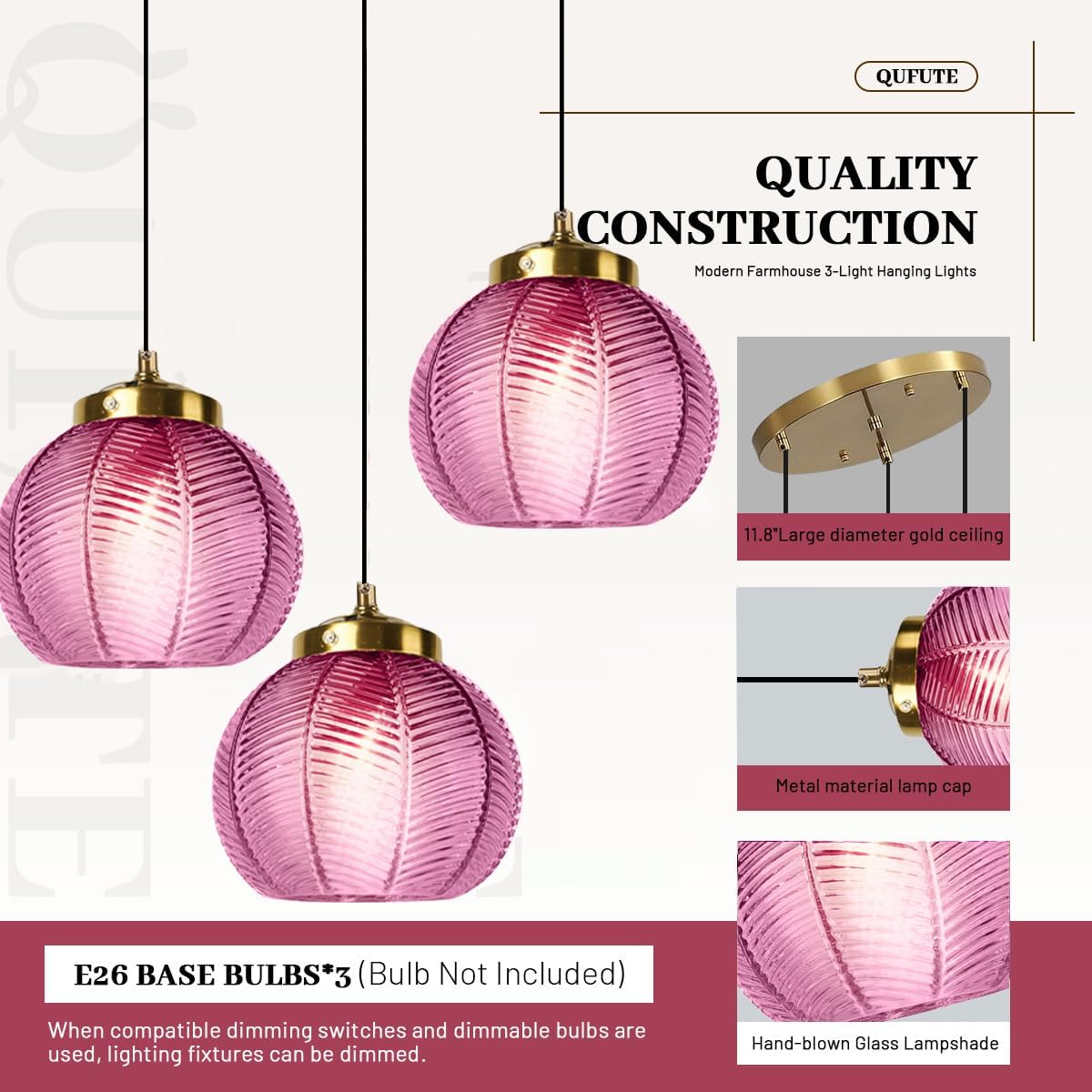 3-Light Purple Glass Pendant Lights - 8.7″ Globe Shade, Hand Blown Glass Hanging Chandelier Cluster Pendant Light Fixtures Adjustable Mid Century Chandeliers Kitchen Island Staircase