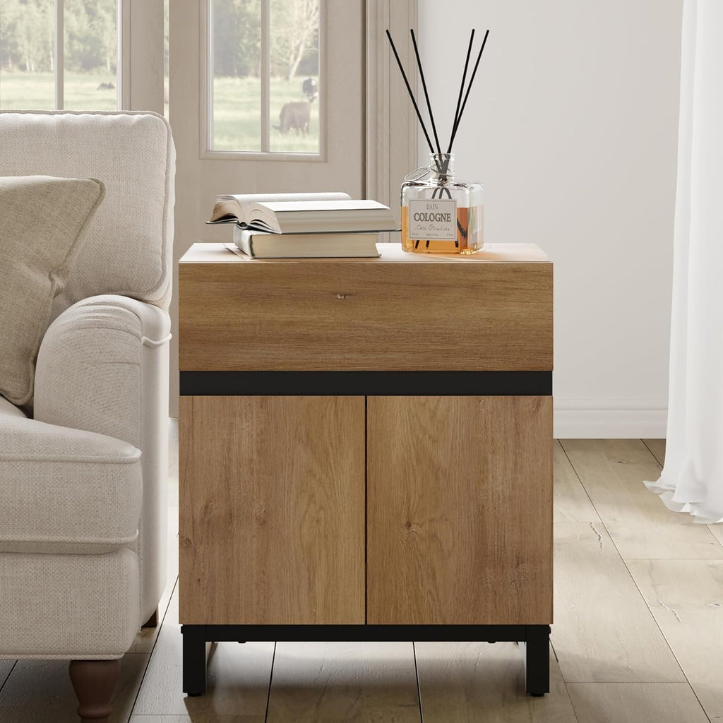 WAMPAT 2 Pack Modern End Table with 1 Drawer & 1 Storage Cabinet, Farmhouse Sofa Side Table, Wood Rustic Nightstand for Living Room and Bedroom, Oak, 18.9''L x 15.5''W x 23.6''H