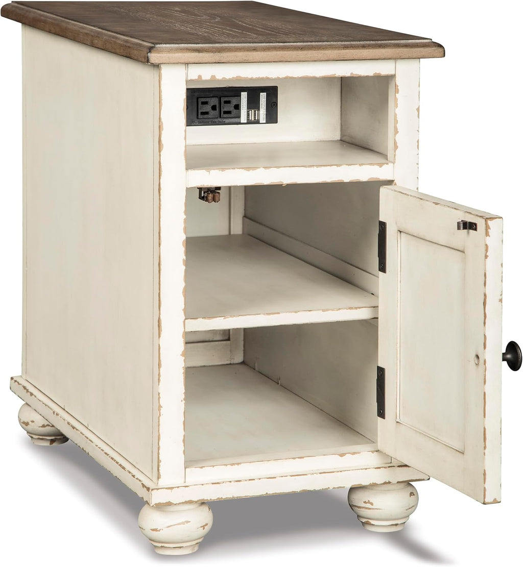 Signature Design by Ashley Realyn French Country Chair Side End Table, Cabinet Storage with Shelf, Outlets and USB Ports, Wood, 14' W x 24' D x 23.13' H, Cream