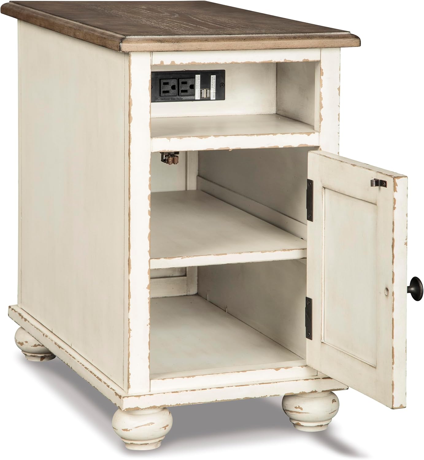 Signature Design by Ashley Realyn French Country Chair Side End Table, Cabinet Storage with Shelf, Outlets and USB Ports, Wood, 14' W x 24' D x 23.13' H, Cream