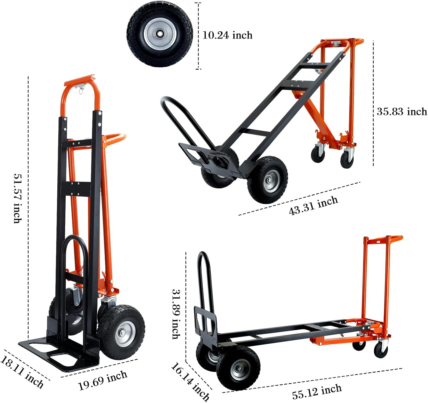 4 in 1 Convertible Hand Truck Dolly Cart,Industrial Hand Truck,1000 Lbs Capacity Hand Trucks Heavy Duty Dolly cart with PU Wheels and Cargo Straps for Moving (Orange)