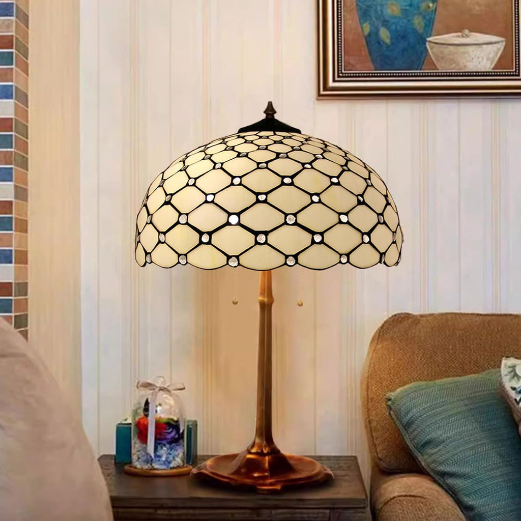 Tiffany Style Cream Amber Stained Glass Bead Lamp Shade Replacement Only 16X9 Inch Lampshades Only with Cap Fit for Bedside Reading Lamp Study Light Kitchen Lamp Dining Room Lamp Floor Lamp