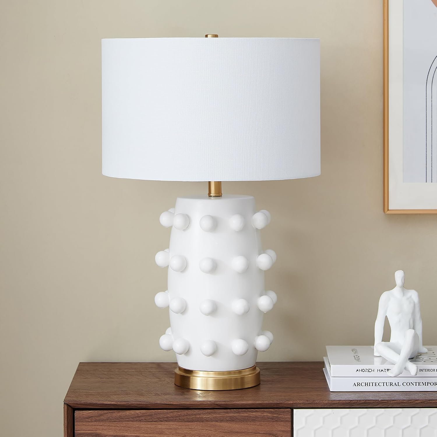 Henn&Hart 25.5'' Modern 1-Light Ceramic Table Lamp with Spherical Orbs on Lamp Body with White Fabric Drum Shade for Living Room, Bedroom, or Office, Matte White