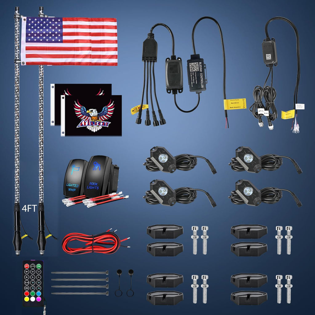 Nilight 2PCS 4FT RGB LED Whip Light with Spring Base and 4 PCS Rock Lights Combo, Remote App Control w/DIY Chasing Patterns Turn Signal Brake Reverse Antenna Lighted Whips for ATV UTV Polaris RZR Jeep