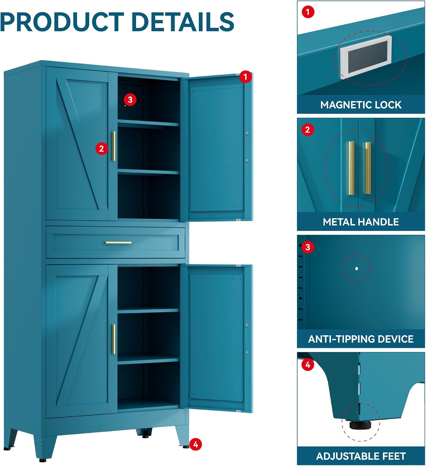 71' Tall Farmhouse Pantry Cabinet,Metal Cabinet with Adjustable Shelves and Doors,Storage Cabinet for Kitchen Garage,Blue 1 Pack