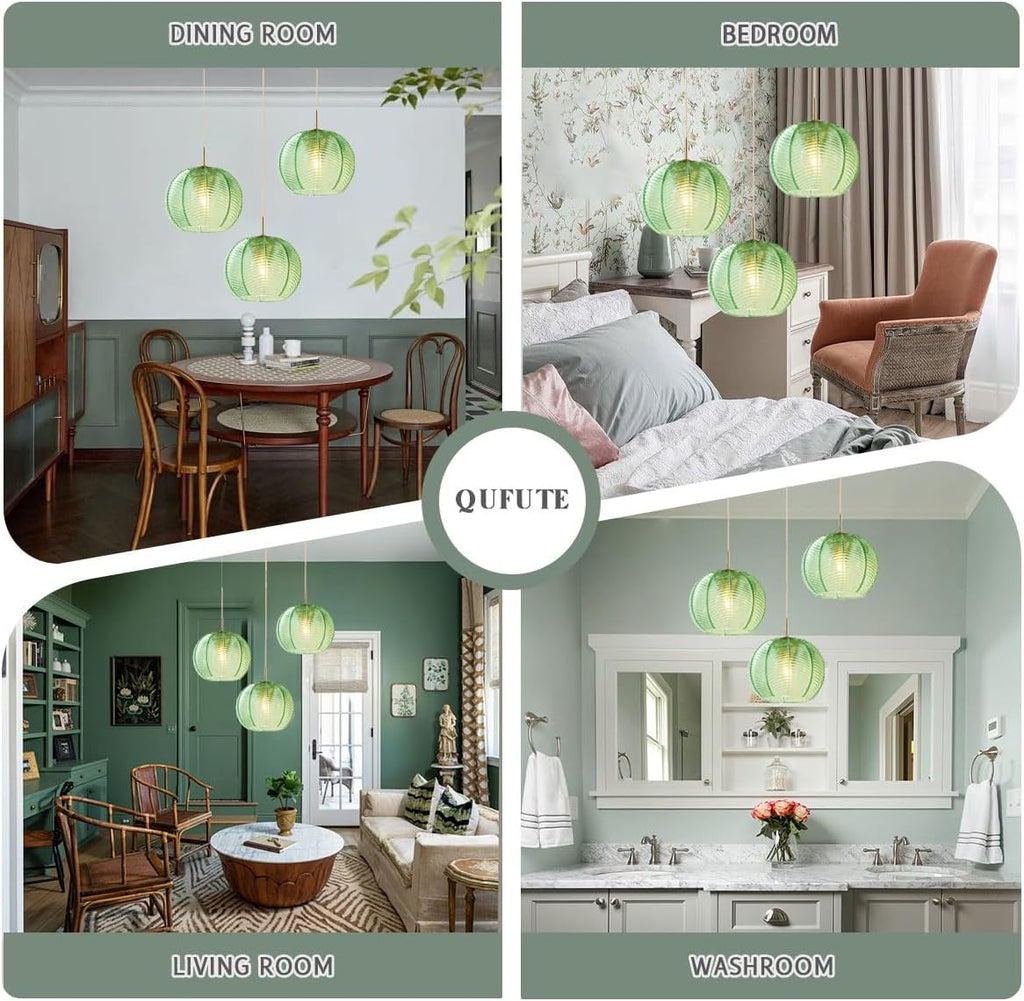 Mid Century Modern Chandelier Glass Globe 3-Light 8.6″ Emerald Green Ribbed Glass Shade Large Ball Chandeliers Sputnik Chandelier Vintage Hanging Ceiling Light Fixture Kitchen Island