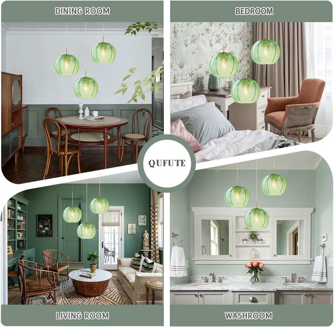 Mid Century Modern Chandelier Glass Globe 3-Light 8.6″ Emerald Green Ribbed Glass Shade Large Ball Chandeliers Sputnik Chandelier Vintage Hanging Ceiling Light Fixture Kitchen Island