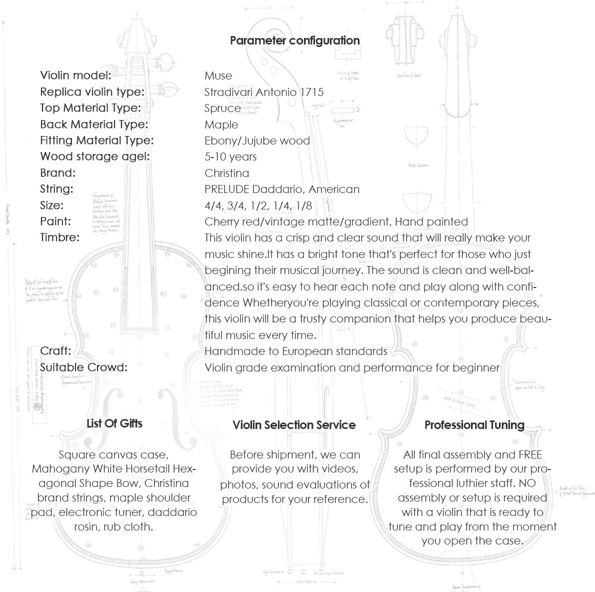 CHRISTINA Muse Acoustic Violins for Beginners 1/2 Full Size Violin with Case, Rosin, Shoulder Rest, Bow, Extra Strings