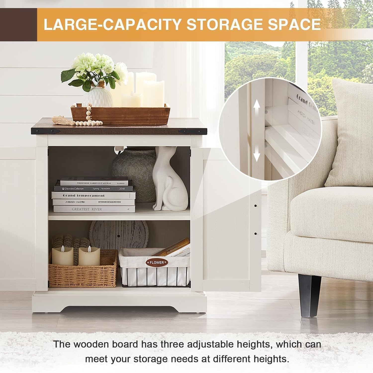 Barnyatoh Farmhouse End Table with Charging Station,24' Large Sofa Side Table with Barn Door, Rustic Wood Square Nightstand Bedside Table with Adjustable Shelf for Living Room, Bedroom,Antique White