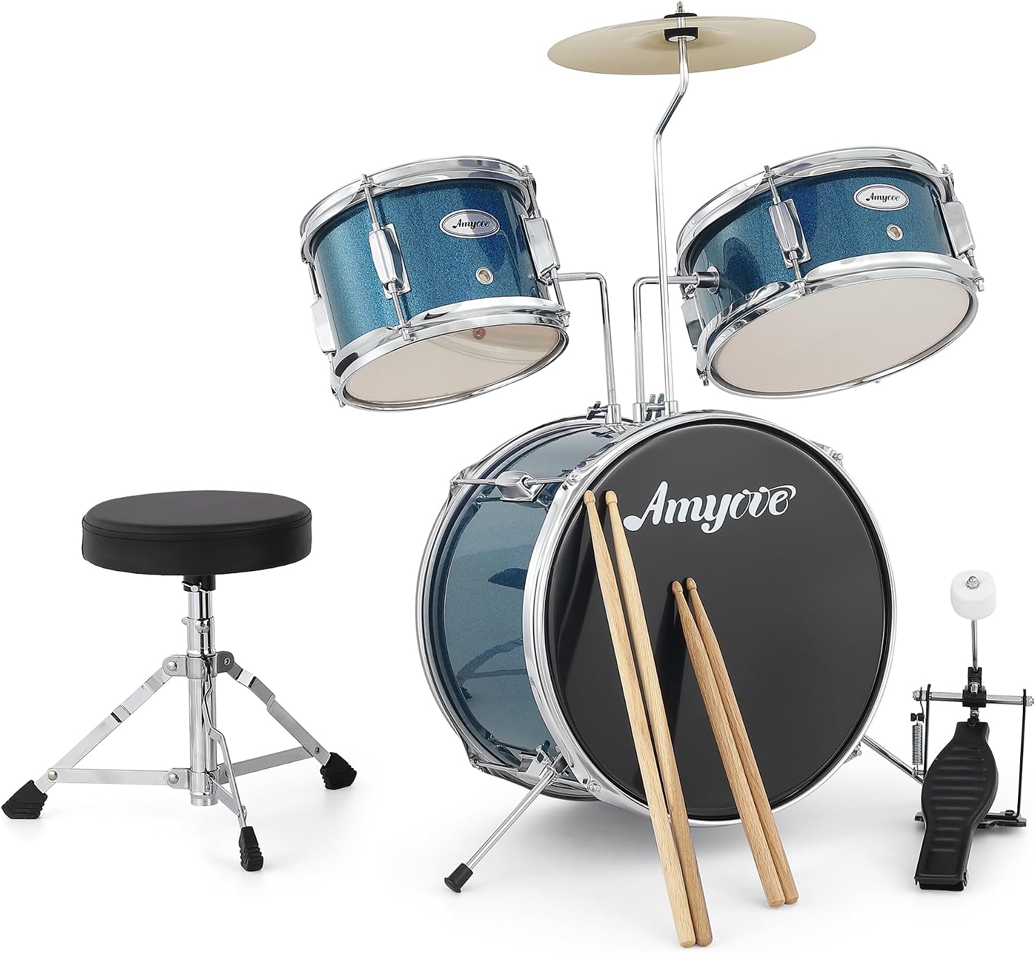 3-Piece Junior Drum Set, 14' Blue Complete Kids Drum Kit with Bass Drum, Snare, Tom, Cymbal, Throne & Sticks, for Ages 3-8 Beginners (Blue)