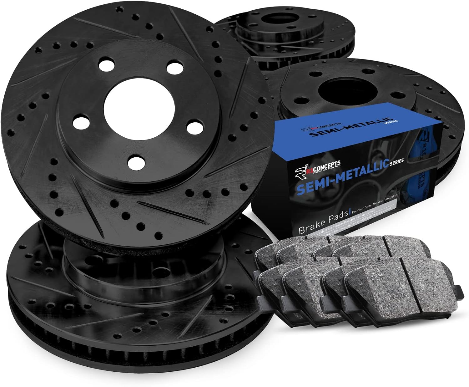 R1 Concepts Front and Rear Brake Kit For 1999-2010 Volkswagen Beetle, 1999-2006 Volkswagen Golf, 2000-2005 Volkswagen Jetta| Drilled Slotted Brake Rotors| Semi-Metallic Brake Pads and Rotors Kit