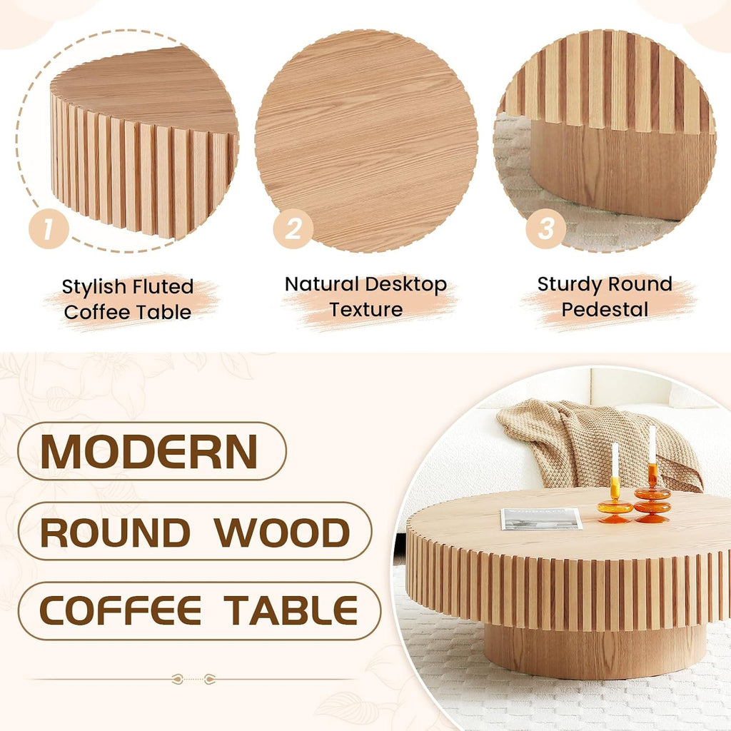 39.4' Oak Round Coffee Table Wood, Modern Drum Fluted Circle Coffee Table for Living Room, Contemporary Low Center Table Side Table for Apartment, Farmhouse, Office, mesa de Cafe, Natural Ash