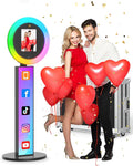 Portable Photo Booth Stand, 22' RGB Light, Open Air Booth for Events | Music Sync Ring, APP AI Face Detection, External Printer Support, Fits 7.9'-13' Tablets, Flight Case