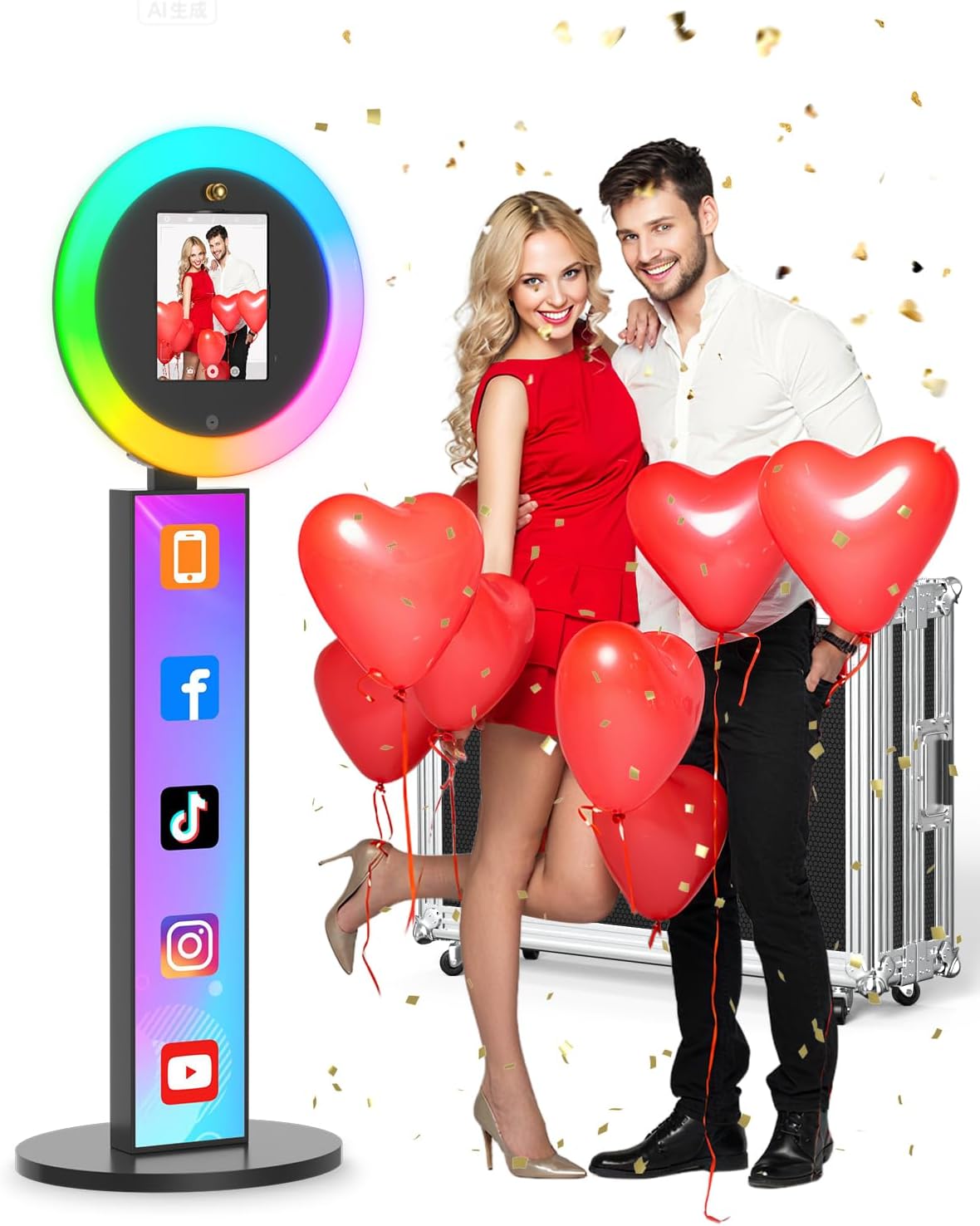 Portable Photo Booth Stand, 22' RGB Light, Open Air Booth for Events | Music Sync Ring, APP AI Face Detection, External Printer Support, Fits 7.9'-13' Tablets, Flight Case