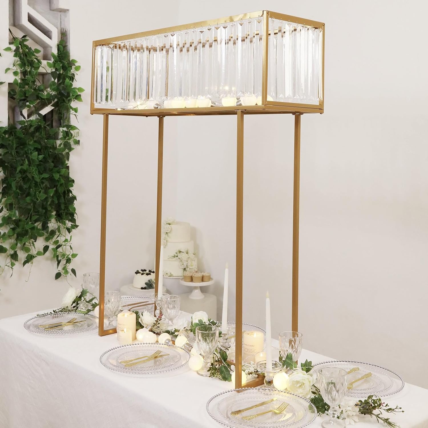 Efavormart 48' Tall Crystal Pendant Flower Stand, Gold Metal Rectangular Centerpiece Vase – Premium Floor Display Rack for Wedding Decor