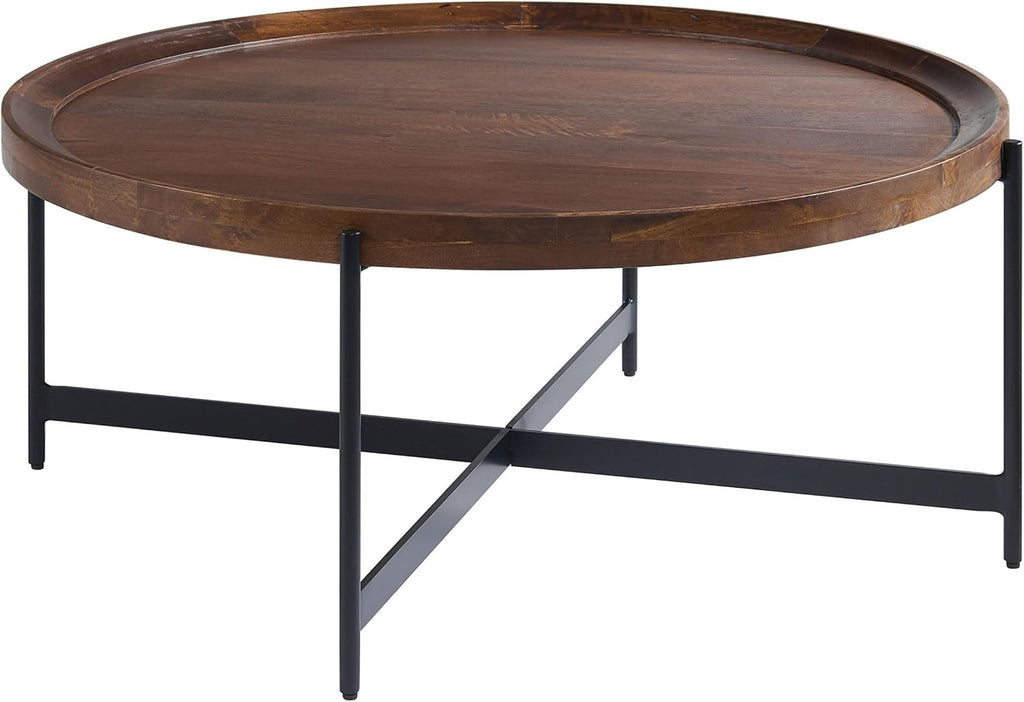 Brookline Solid Acacia Wood 42-Inch Round Coffee Table with Black Powder-Coated Metal Legs – Rustic Industrial Modern Farmhouse Living Room Furniture by Alaterre
