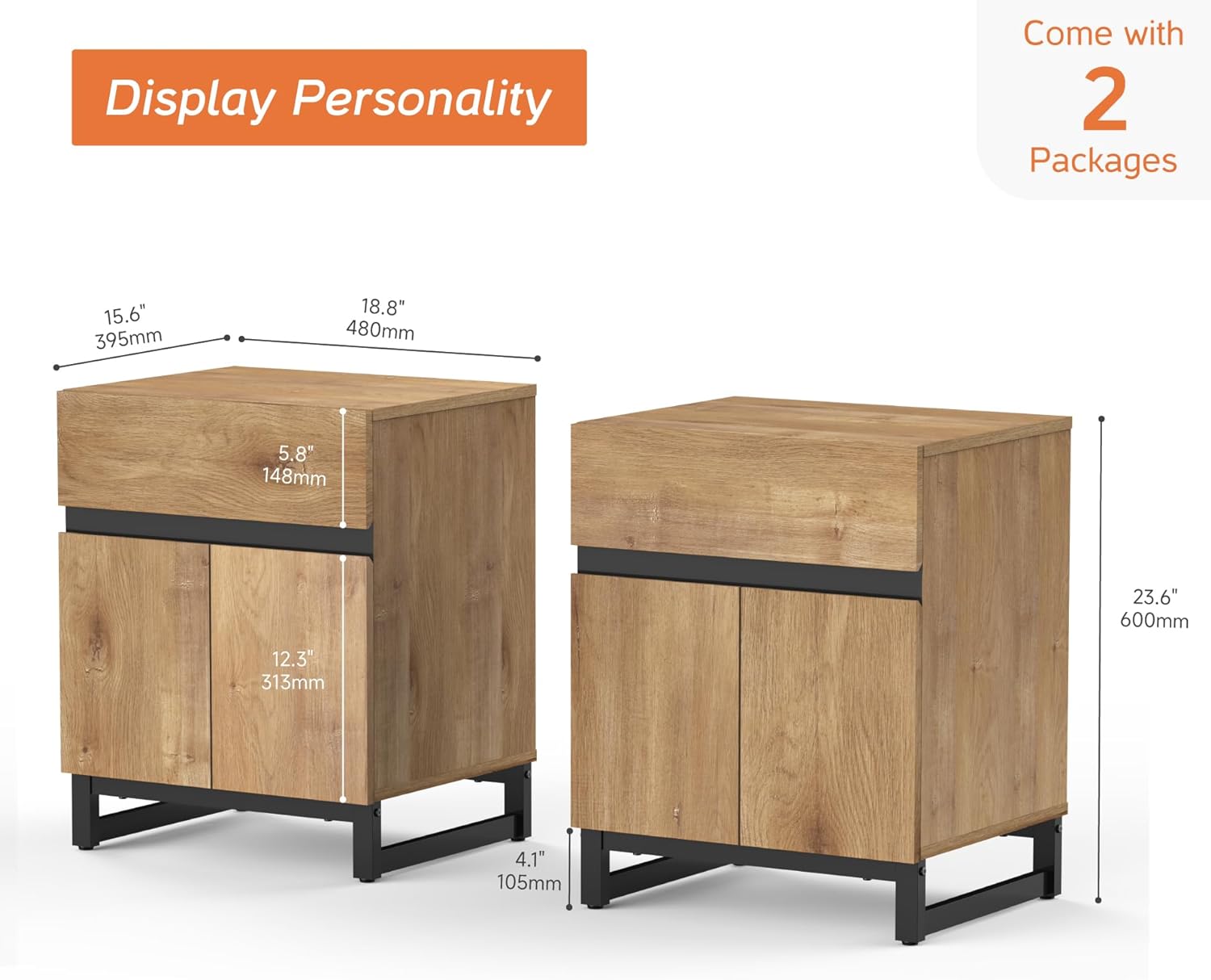 WAMPAT 2 Pack Modern End Table with 1 Drawer & 1 Storage Cabinet, Farmhouse Sofa Side Table, Wood Rustic Nightstand for Living Room and Bedroom, Oak, 18.9''L x 15.5''W x 23.6''H