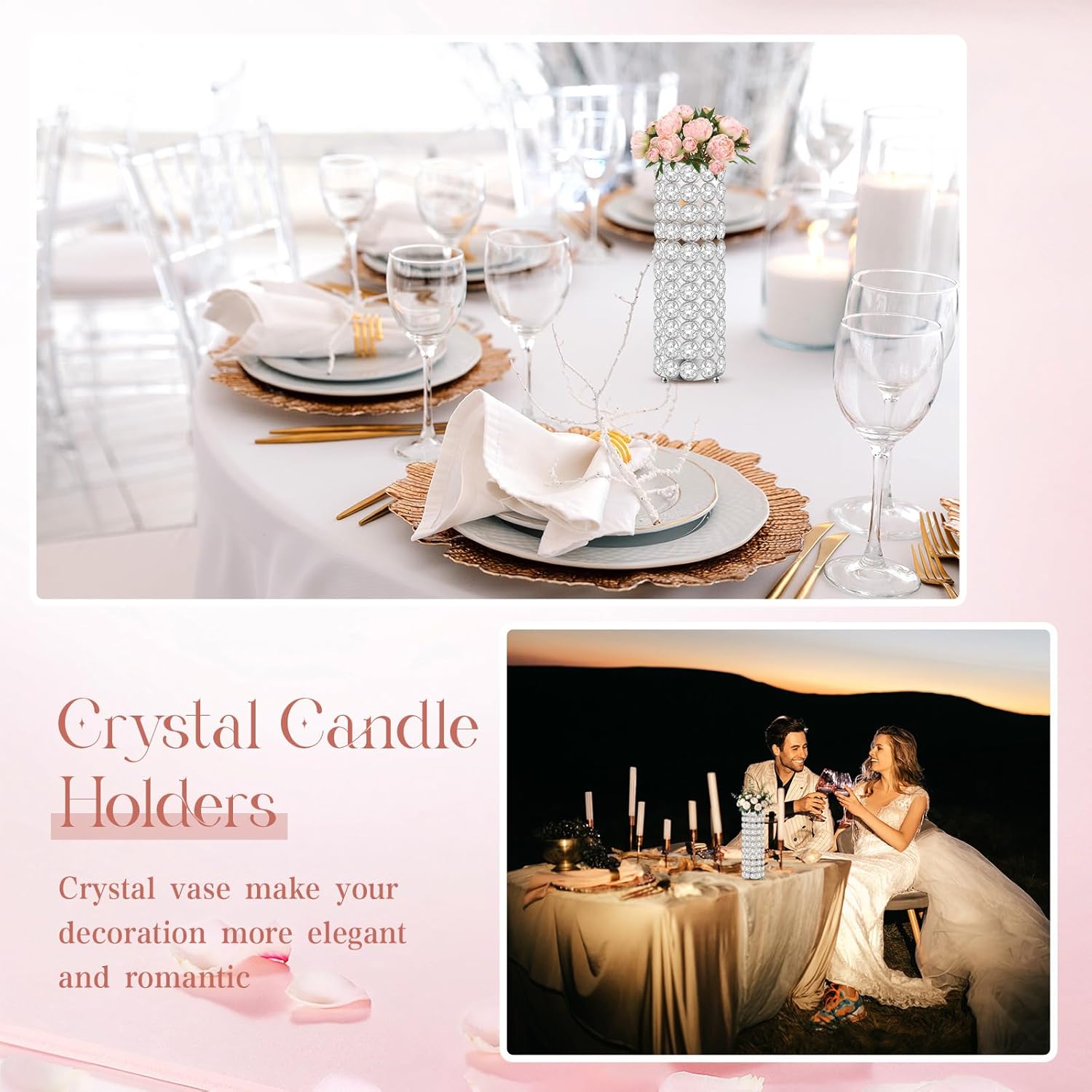 Dandat 16 Pcs Crystal Flower Vase and Pillar Candle Holder Set 10.24 Inch Wedding Cylinder Flower Vases Stand Table Centerpieces Candle Holders for Table Room Home Wedding Party Events Decor(Silver)