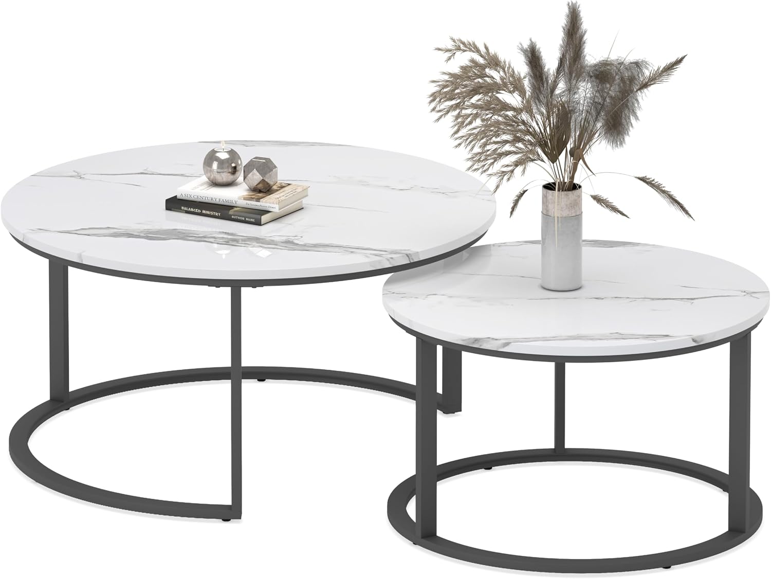 WiberWi Round Coffee Table Nesting Tables Set of 2, Large : Ø 33.5', Small : Ø 25.7', Modern Design Coffee Tables for Living Room, Metal Frame Circle Cocktail Table, High Glossy Faux White Marble